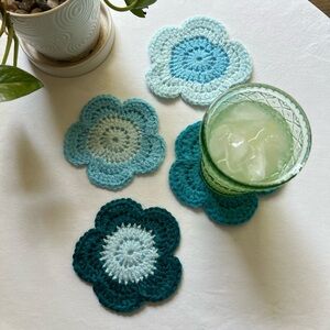 Handmade Crochet Flower Coasters - Blue and Teal